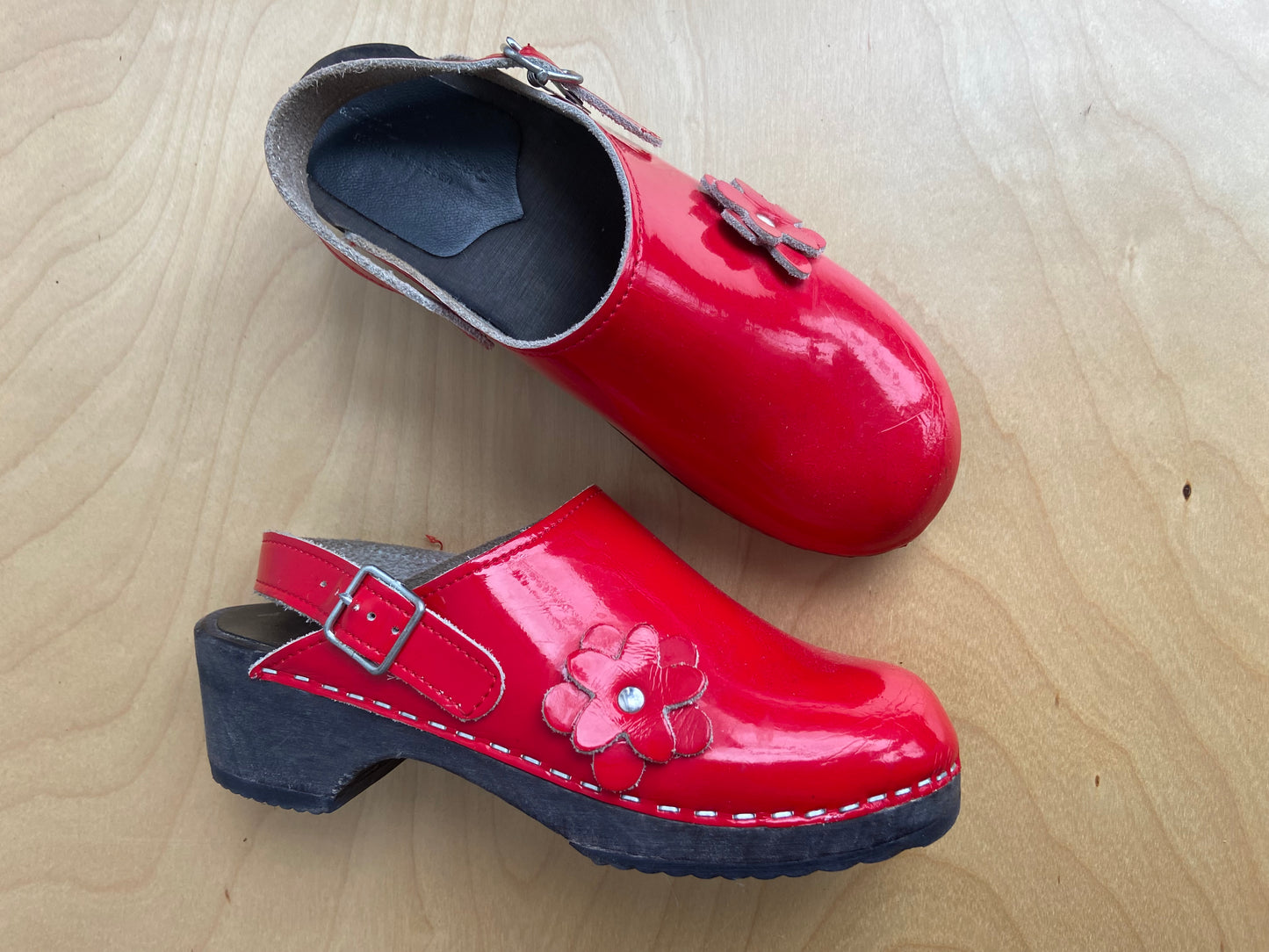 Little. Ones red leather clogs sz 36
