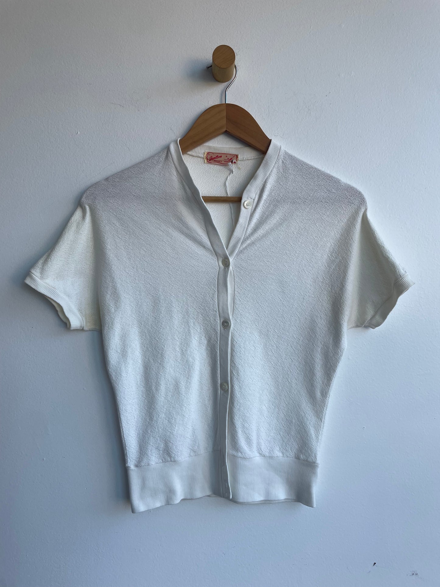 White Vintage Knit Short-Sleeved Button-up Tee SS1