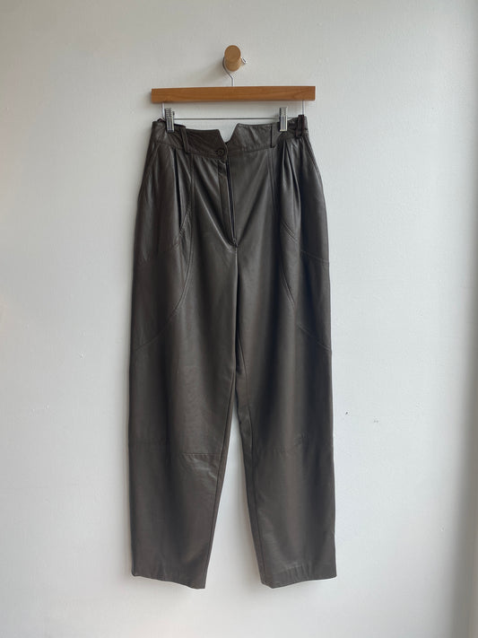 Olive leather high-rise pants SS1