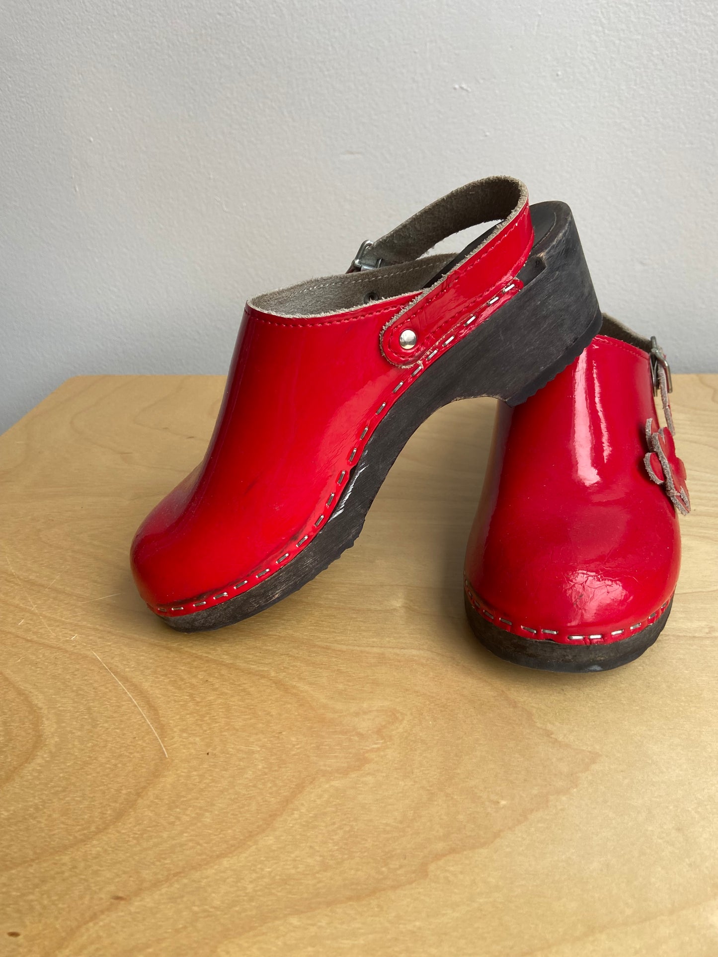 Little. Ones red leather clogs sz 36