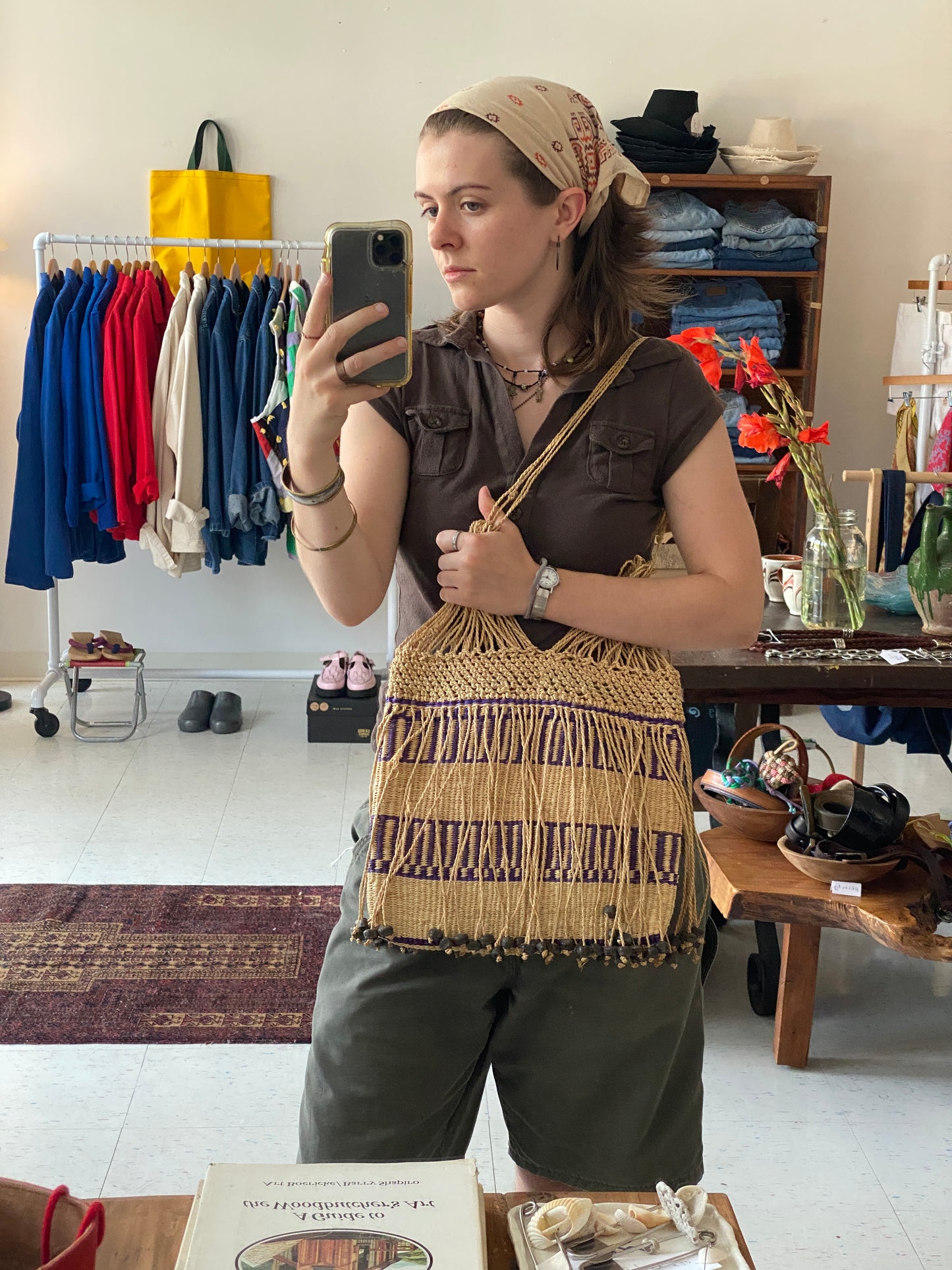 Straw bag with dangling beads