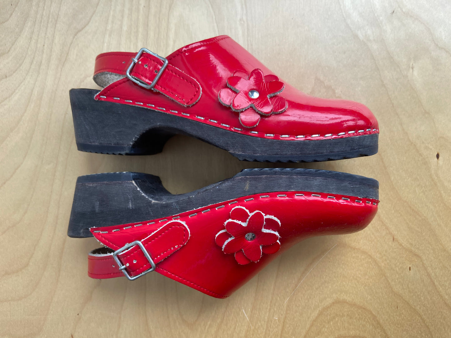 Little. Ones red leather clogs sz 36
