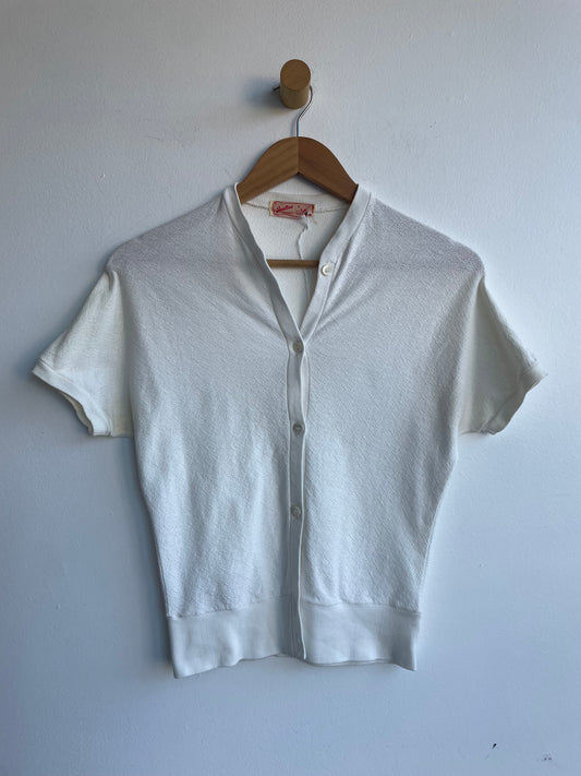 White Vintage Knit Short-Sleeved Button-up Tee SS1