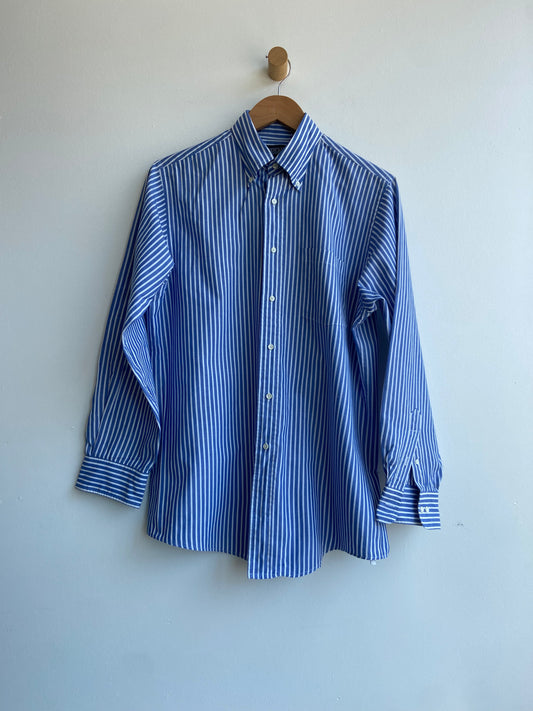 Blue and white striped button-up SS 1