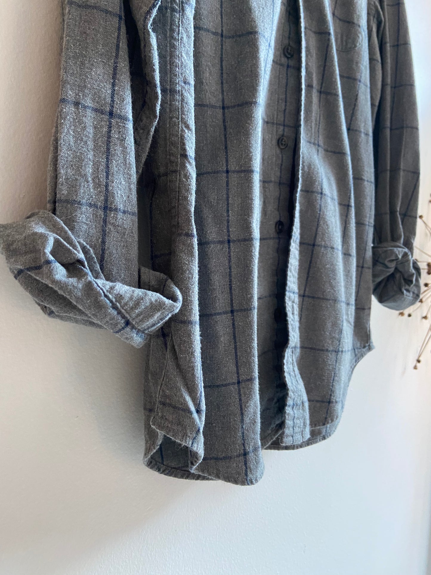 Grey gridded flannel button-up SS 1-2