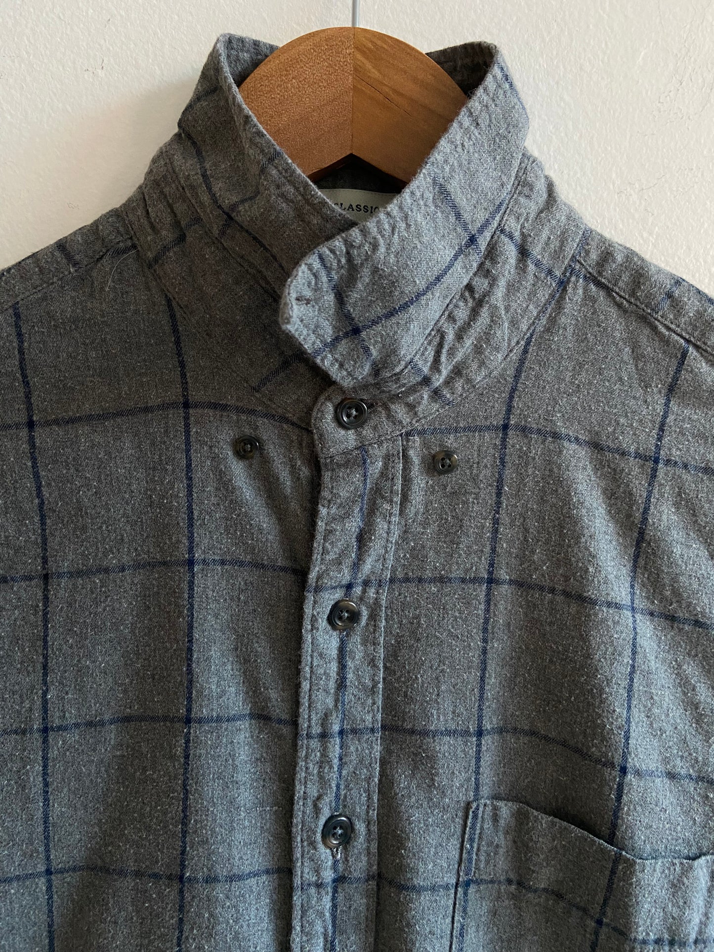 Grey gridded flannel button-up SS 1-2