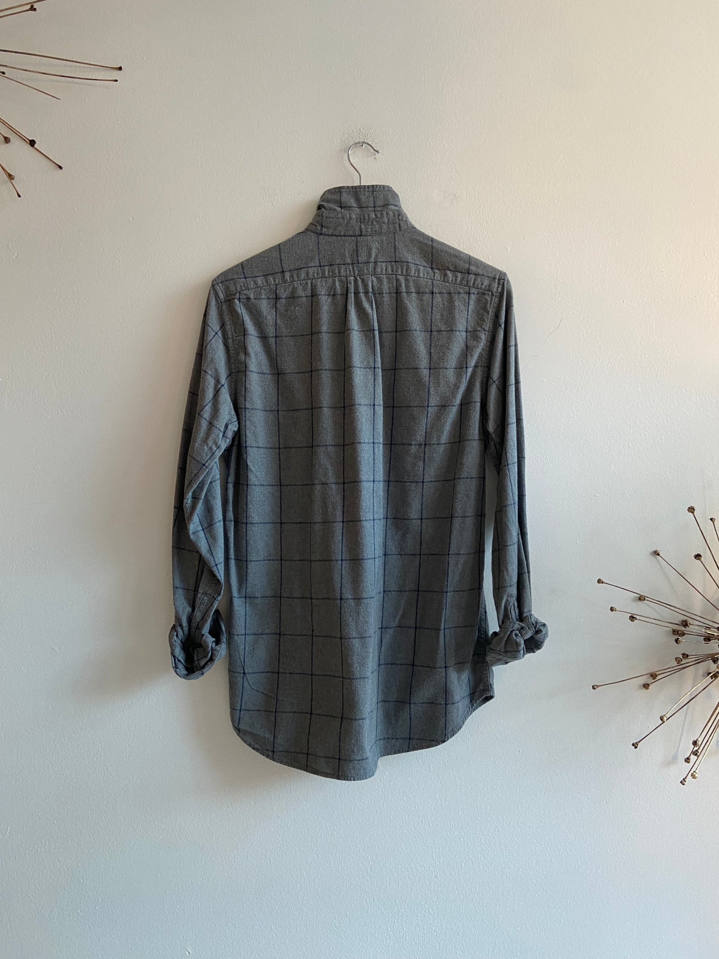 Grey gridded flannel button-up SS 1-2