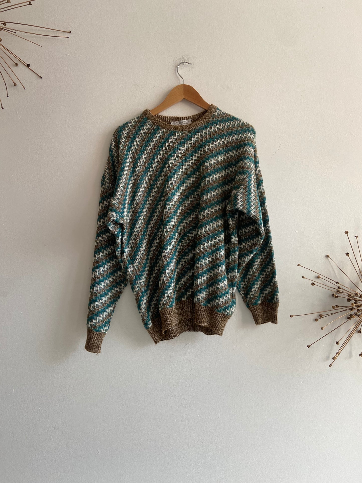 Geometric knit teal and brown cotton blend sweater SS 1-3