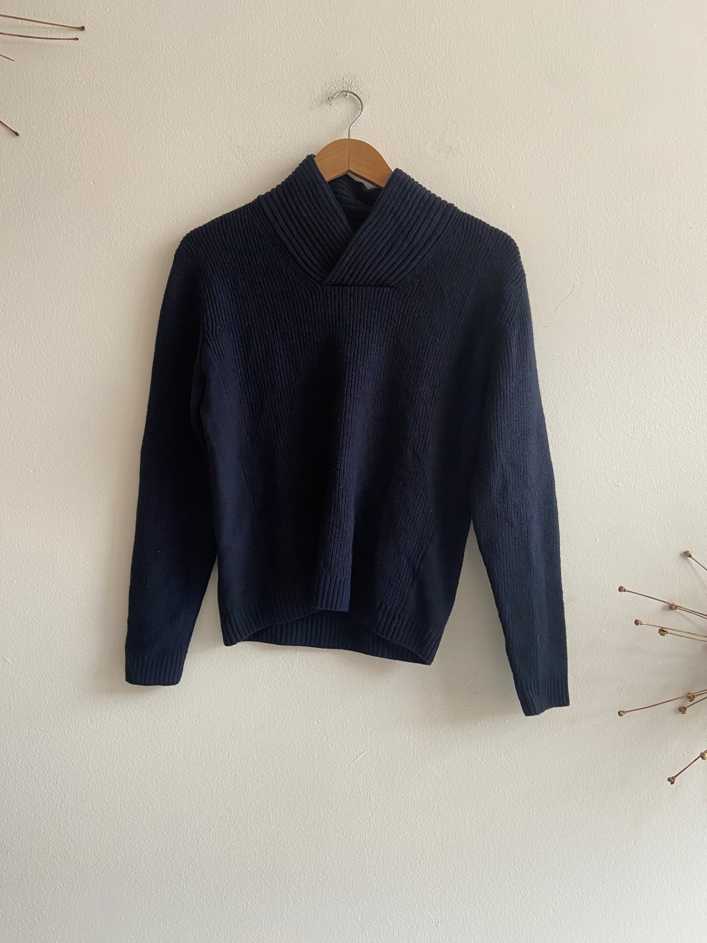 Thick navy wool sweater with elbow patches