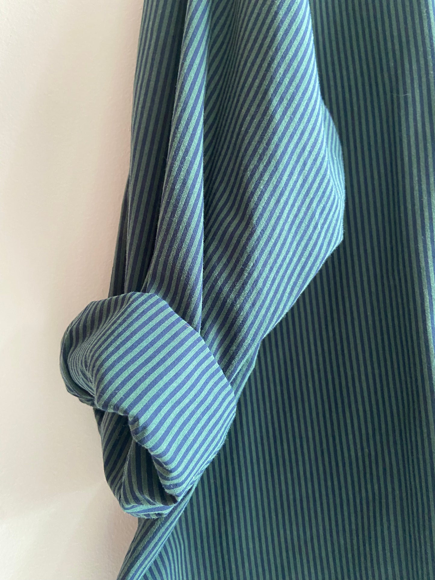 Green and navy striped button-up SS3