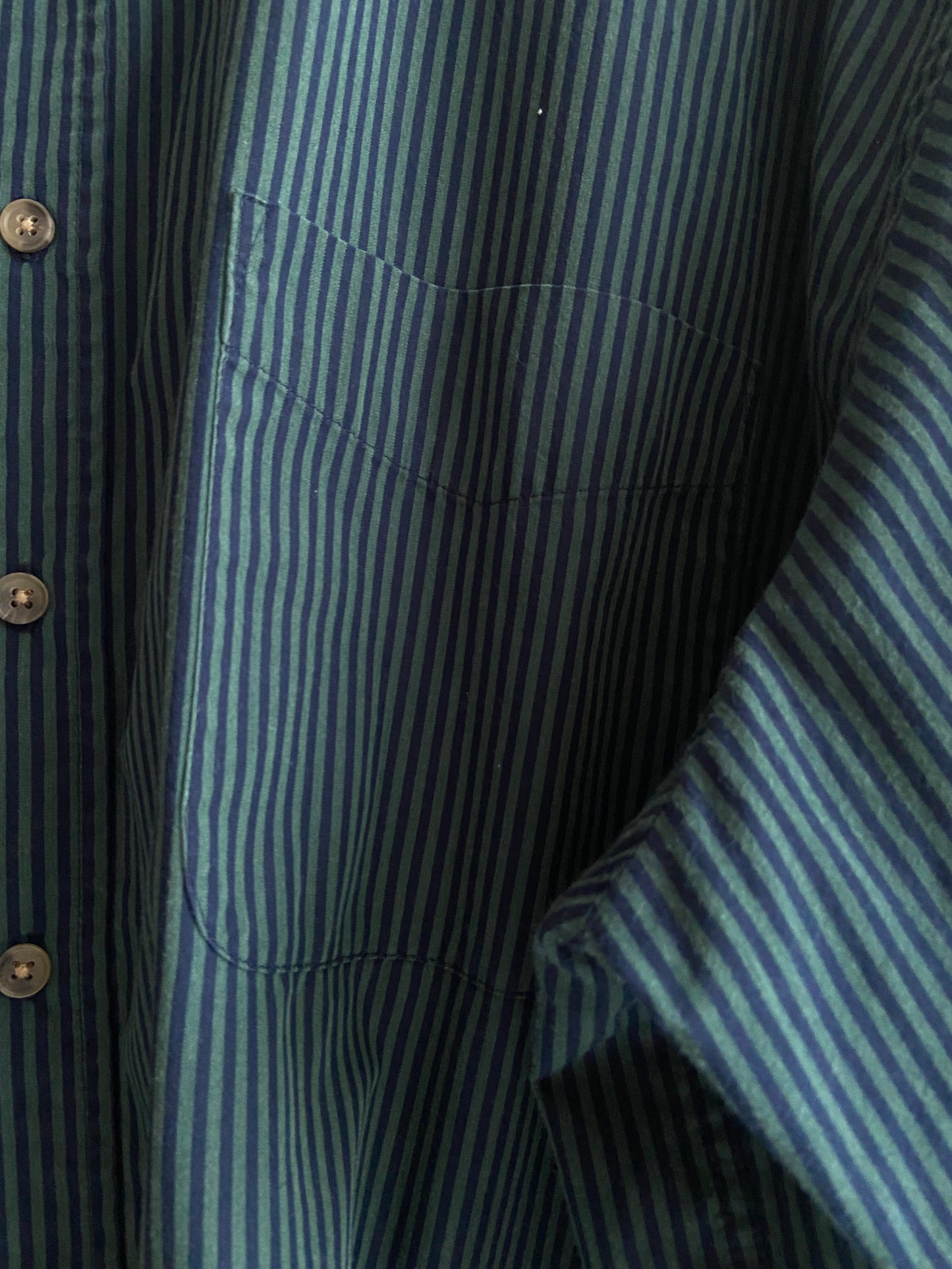 Green and navy striped button-up SS3