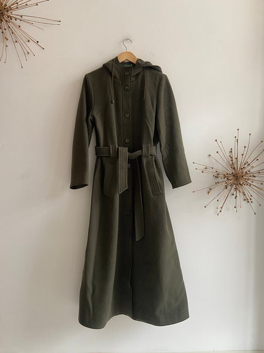 Army green long wool hooded wool coat SS1