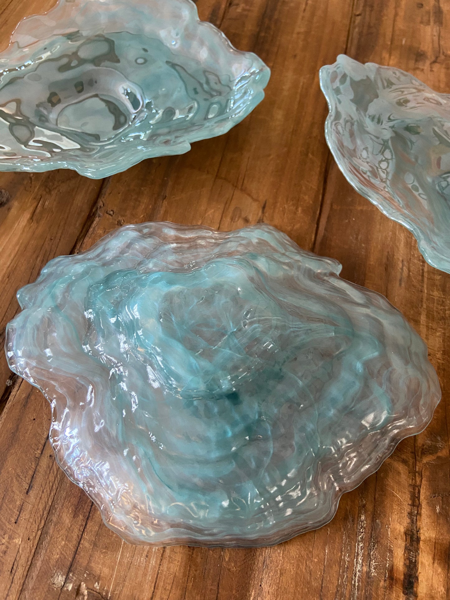 Blue vintage oyster glass serving plates