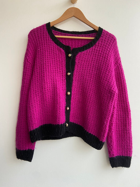 Hand-knit wool magenta cardigan SS 1-2