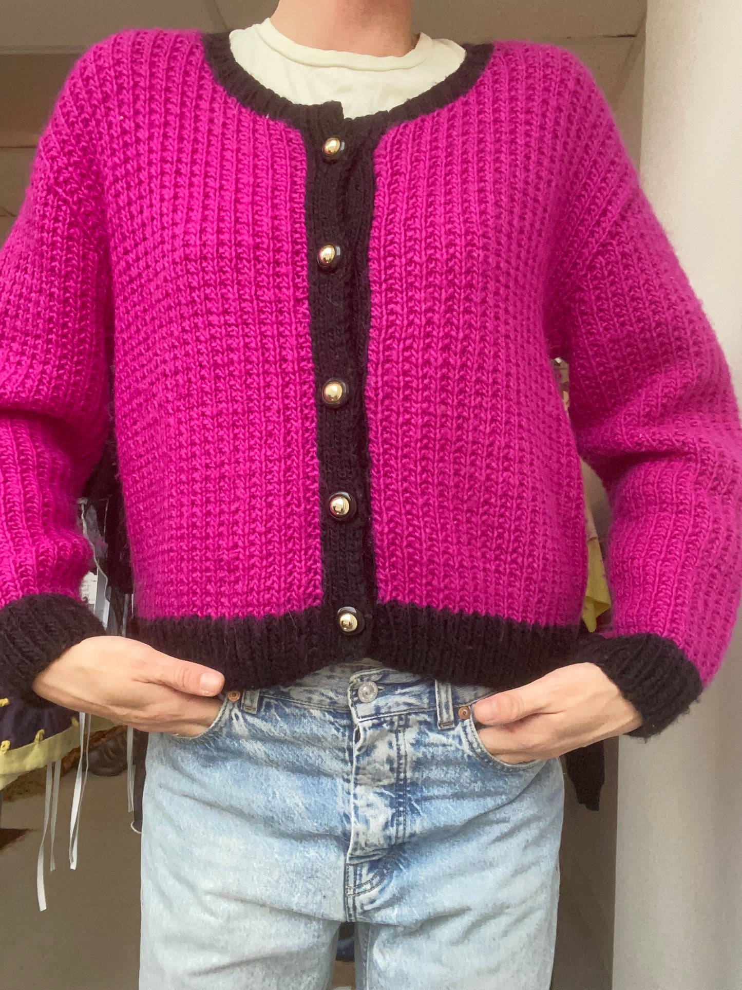 Hand-knit wool magenta cardigan SS 1-2