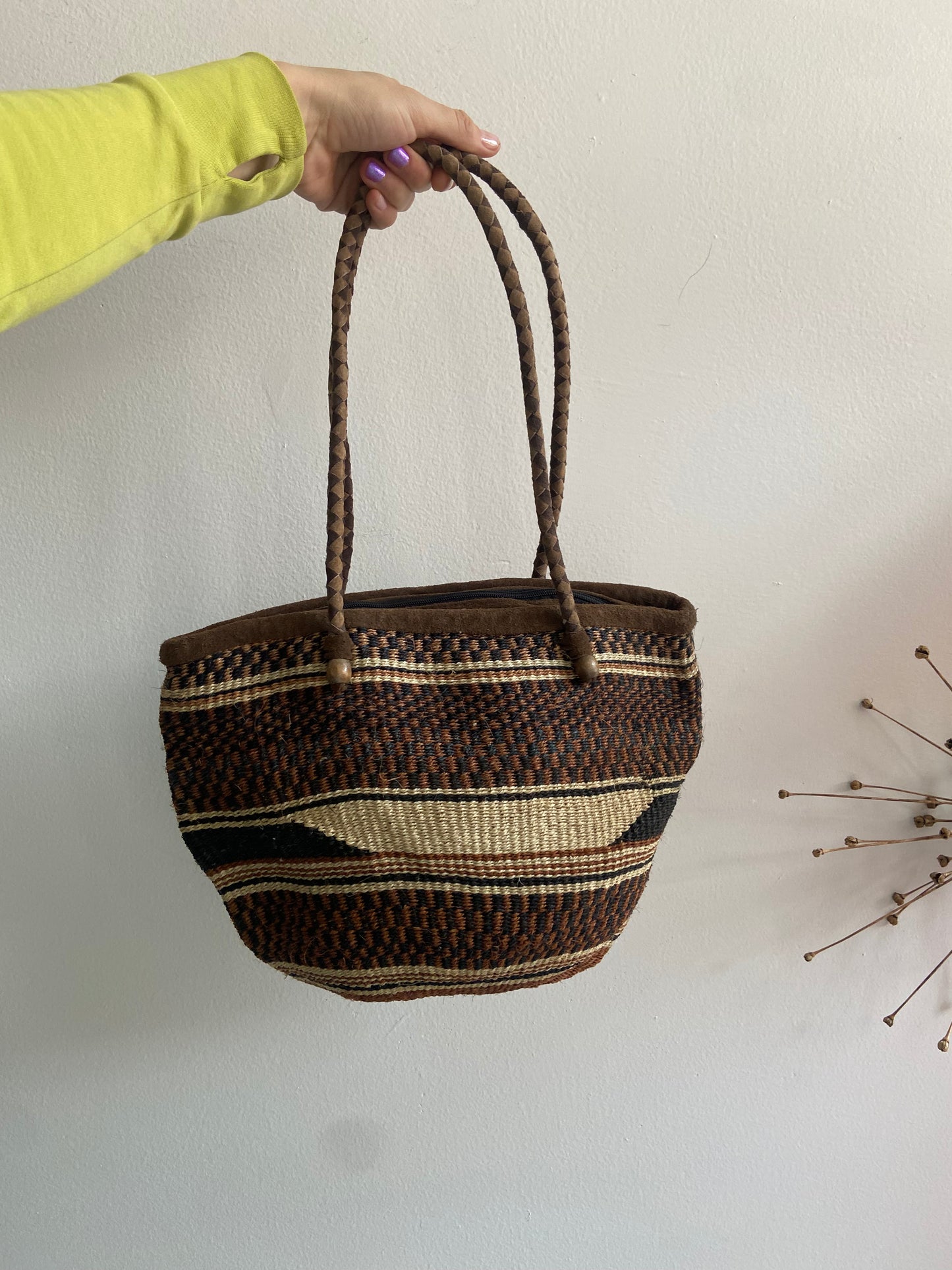 Leather handled woven tote with cotton lining