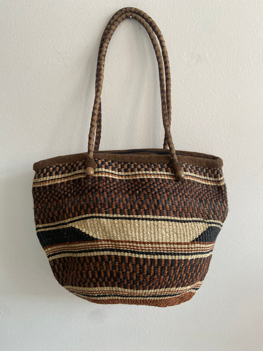 Leather handled woven tote with cotton lining