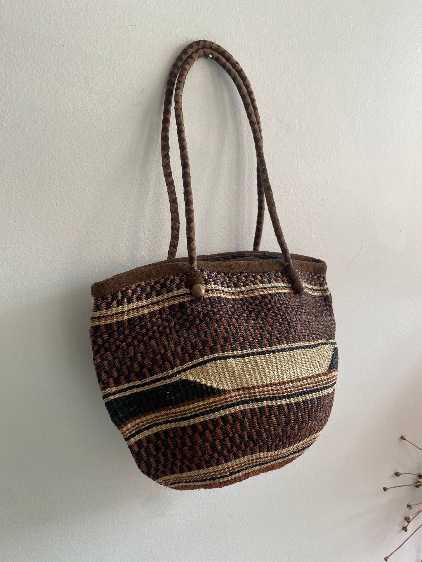 Leather handled woven tote with cotton lining