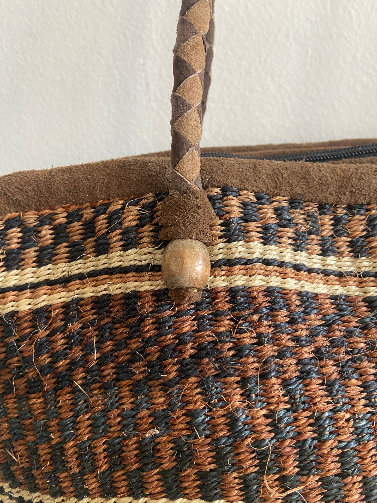 Leather handled woven tote with cotton lining