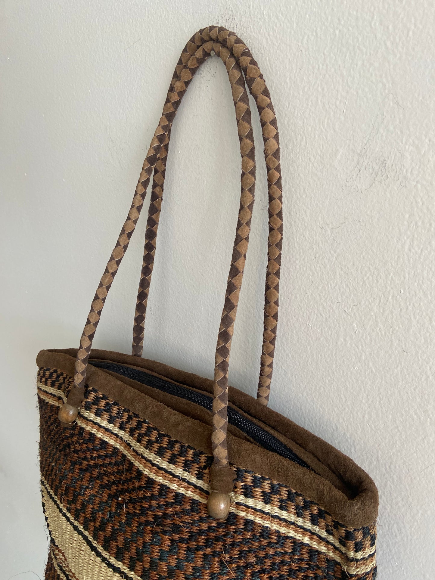 Leather handled woven tote with cotton lining