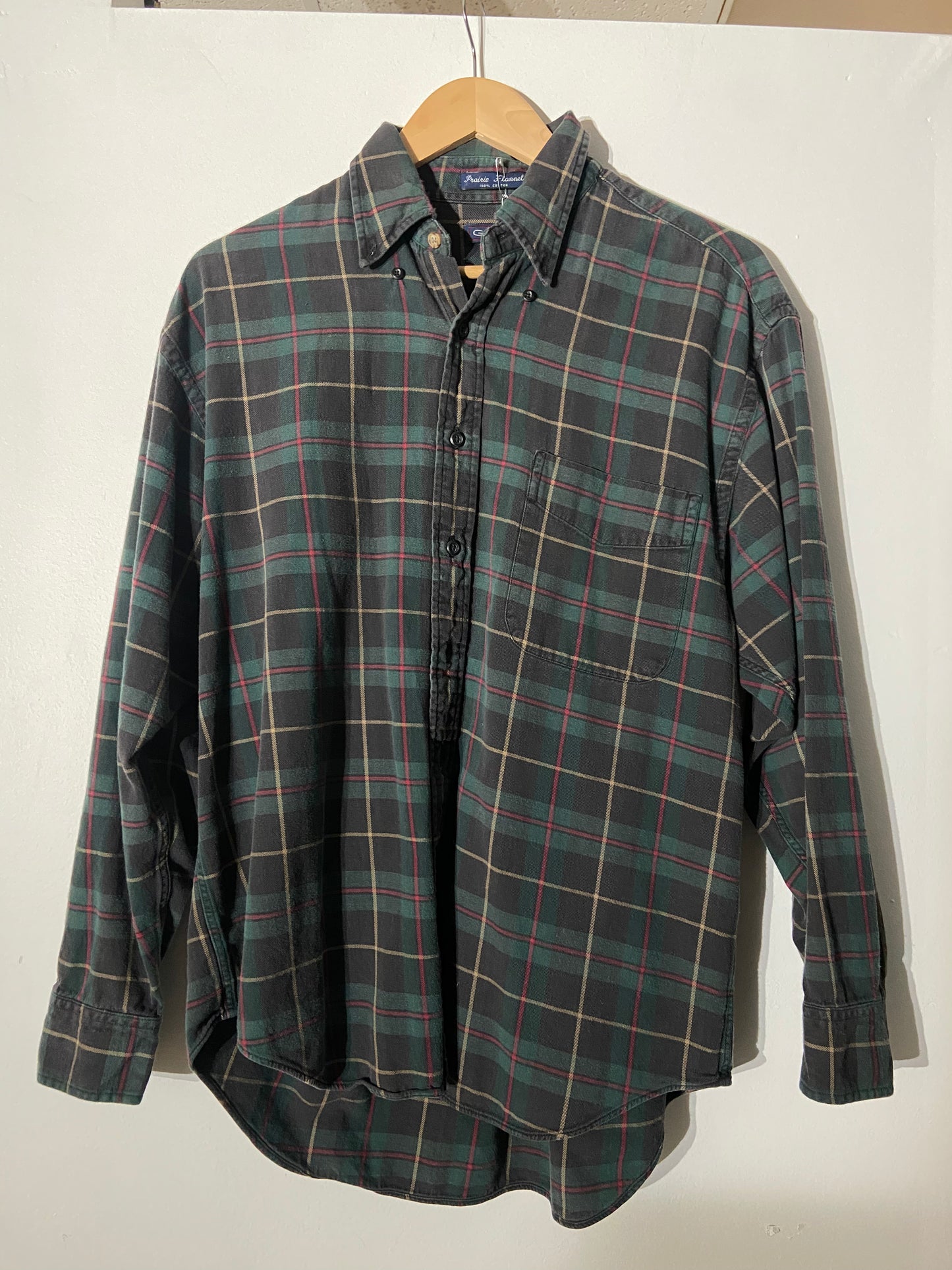 Flannel button-up muted greens and red SS 2