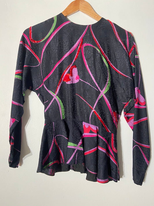 Black with magenta and green silk blouse SS 1