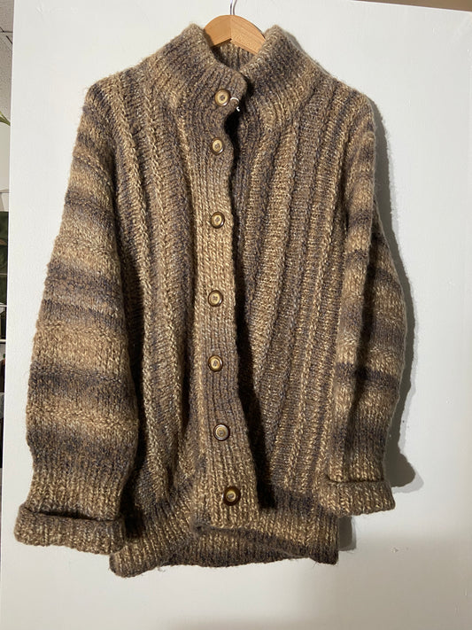 Chunky tan and browns button-down sweater SS 1-3