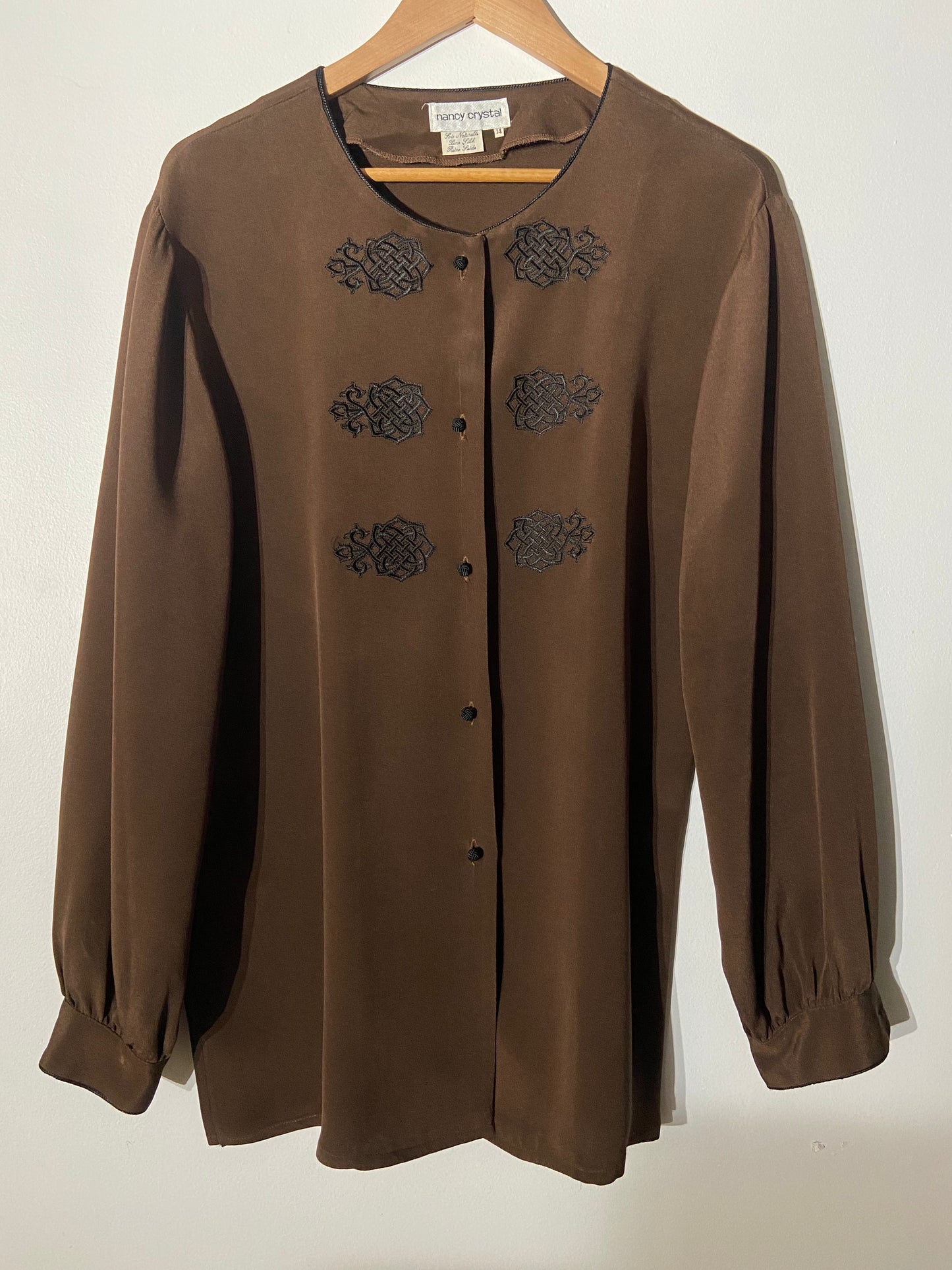 Brown silk button-front blouse shirt SS 1-3