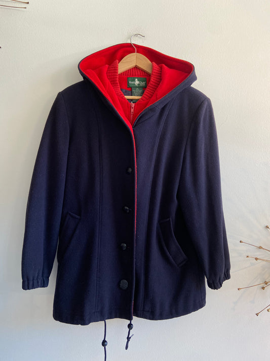 Navy and red hooded wool peacoat SS 1-2