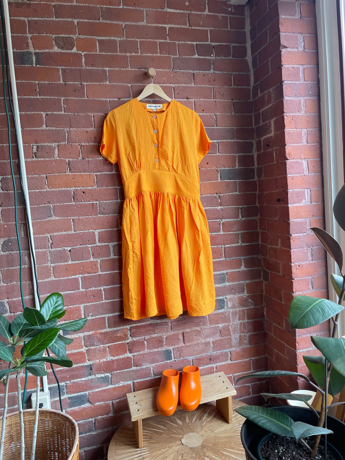 Caron Callahan Tangerine Crinkle Button Dress SS1