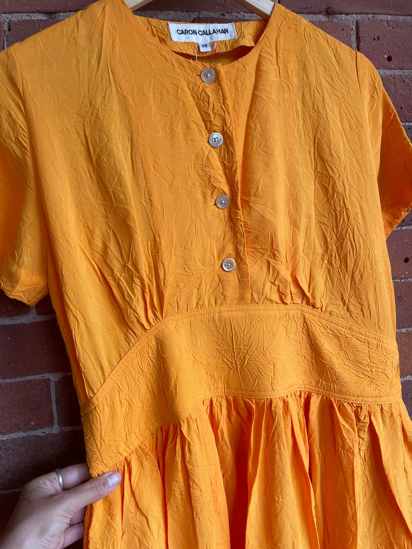 Caron Callahan Tangerine Crinkle Button Dress SS1