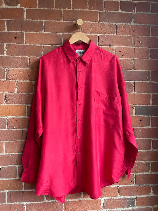 "City Streets" Raspberry Red Silk Button Down SS3