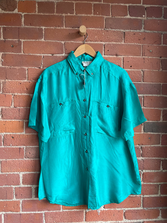 Teal Silk Short Sleeve Button Down SS2-3